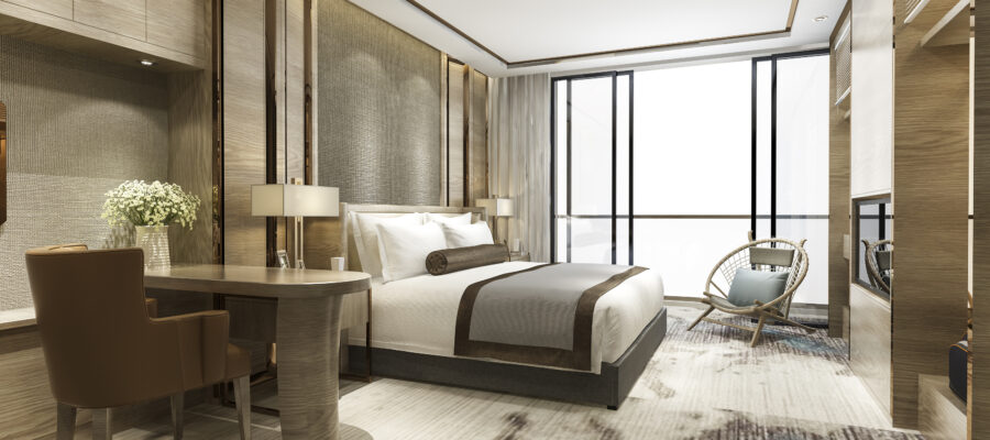 3d rendering luxury classic modern bedroom suite in hotel